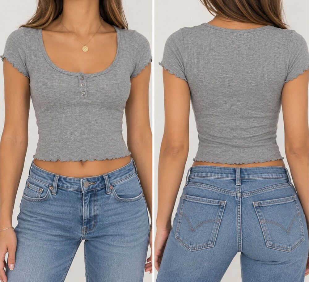 Aeropostale OG Tee Collection Gray Henley Baby Tee Size M Y2K Lettuce Trim